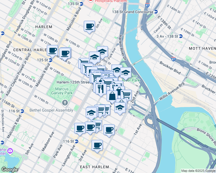 map of restaurants, bars, coffee shops, grocery stores, and more near 2083 Lexington Avenue in New York