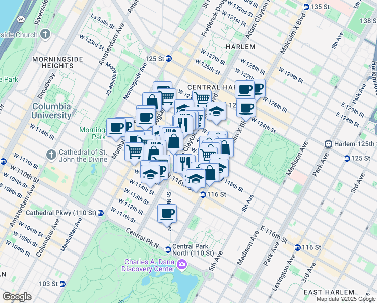 map of restaurants, bars, coffee shops, grocery stores, and more near 1955 Adam Clayton Powell Junior Boulevard in New York