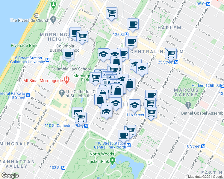 map of restaurants, bars, coffee shops, grocery stores, and more near 251 West 116th Street in New York