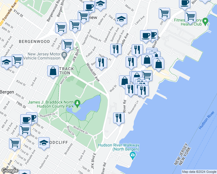 map of restaurants, bars, coffee shops, grocery stores, and more near 10 Woodcliff Avenue in North Bergen