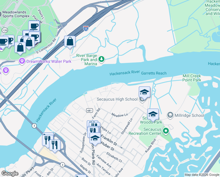 map of restaurants, bars, coffee shops, grocery stores, and more near 9 Acorn Road in Secaucus