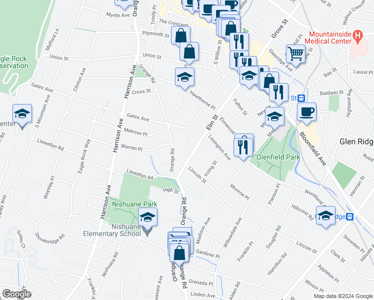 map of restaurants, bars, coffee shops, grocery stores, and more near 114 Elm Street in Montclair