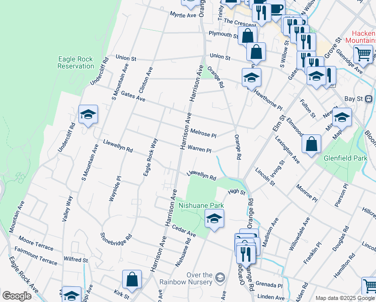 map of restaurants, bars, coffee shops, grocery stores, and more near 91 Harrison Avenue in Montclair