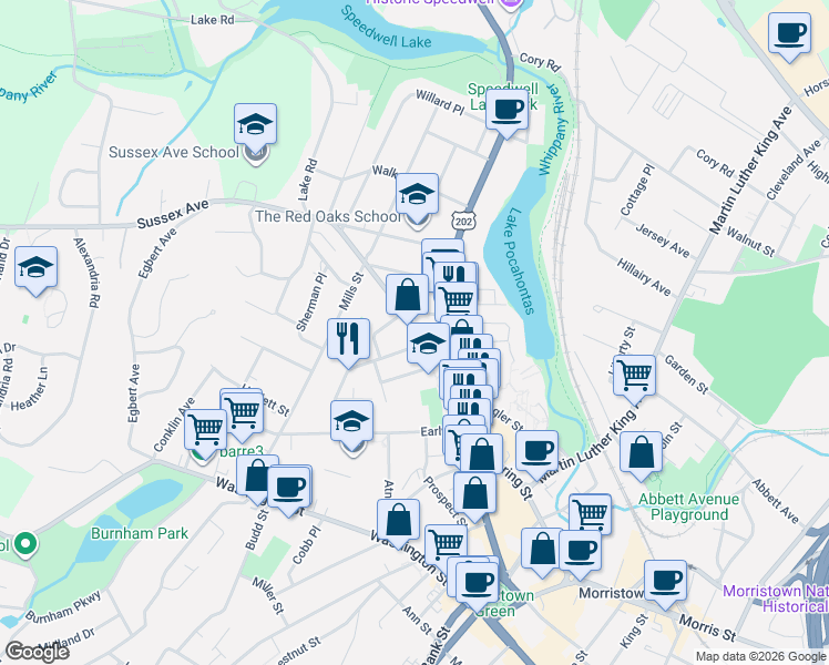 map of restaurants, bars, coffee shops, grocery stores, and more near 24 Sussex Avenue in Morristown
