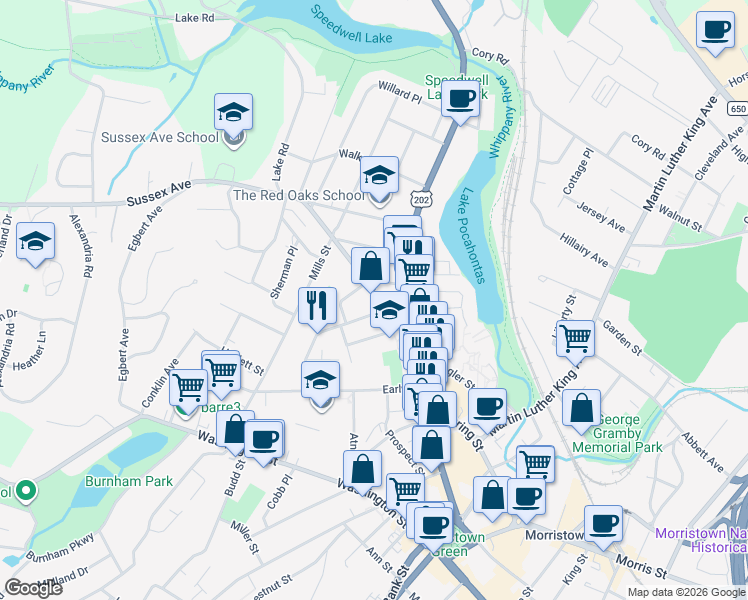 map of restaurants, bars, coffee shops, grocery stores, and more near 24 Sussex Avenue in Morristown