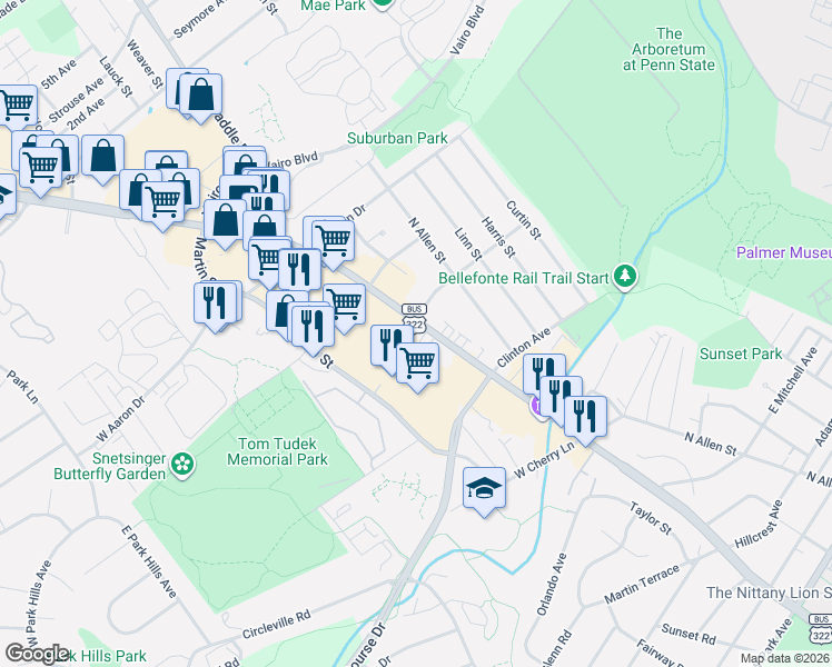 map of restaurants, bars, coffee shops, grocery stores, and more near 1400 U.S. 322 Business in State College