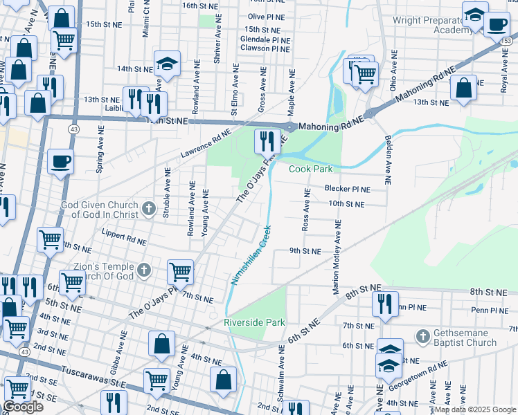map of restaurants, bars, coffee shops, grocery stores, and more near 1620 Payne Court Northeast in Canton