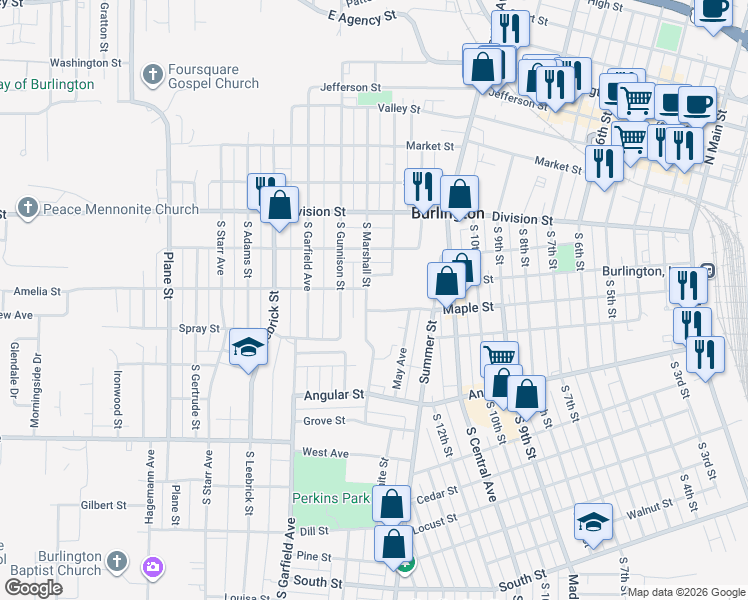 map of restaurants, bars, coffee shops, grocery stores, and more near Vine Street in Burlington