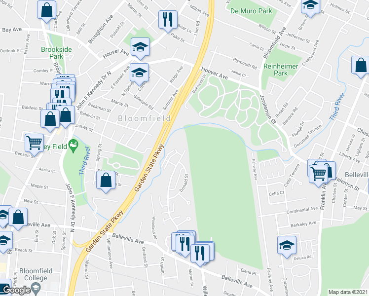 map of restaurants, bars, coffee shops, grocery stores, and more near 280 Davey Street in Bloomfield