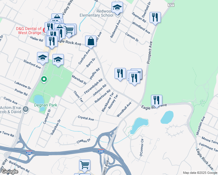 map of restaurants, bars, coffee shops, grocery stores, and more near in West Orange