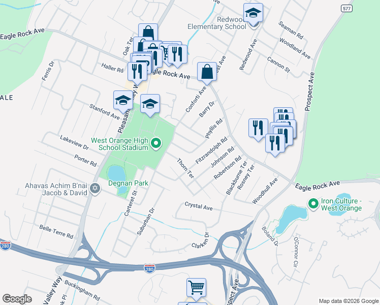 map of restaurants, bars, coffee shops, grocery stores, and more near 39 Fitzrandolph Road in West Orange