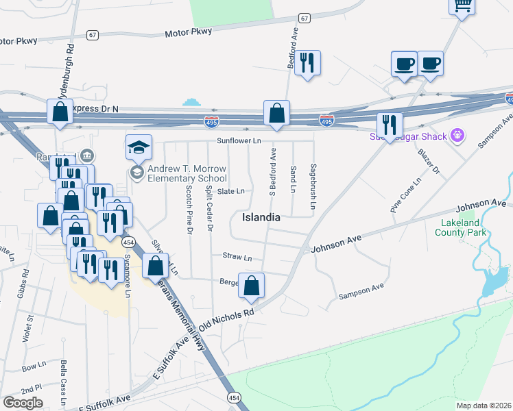 map of restaurants, bars, coffee shops, grocery stores, and more near 153 Serpentine Lane in Islandia