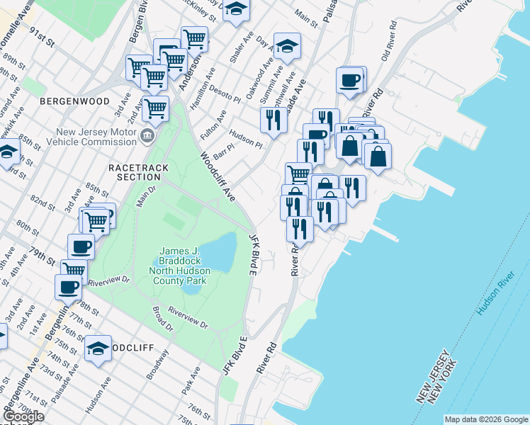map of restaurants, bars, coffee shops, grocery stores, and more near 9032 Wall Street in North Bergen