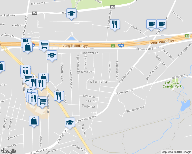 map of restaurants, bars, coffee shops, grocery stores, and more near 157 Serpentine Lane in Islandia