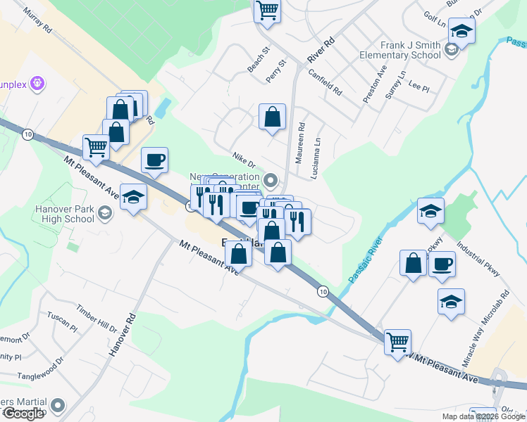 map of restaurants, bars, coffee shops, grocery stores, and more near 12-42 River Rd in East Hanover