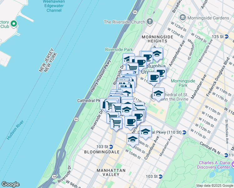 map of restaurants, bars, coffee shops, grocery stores, and more near 375 Riverside Drive in New York