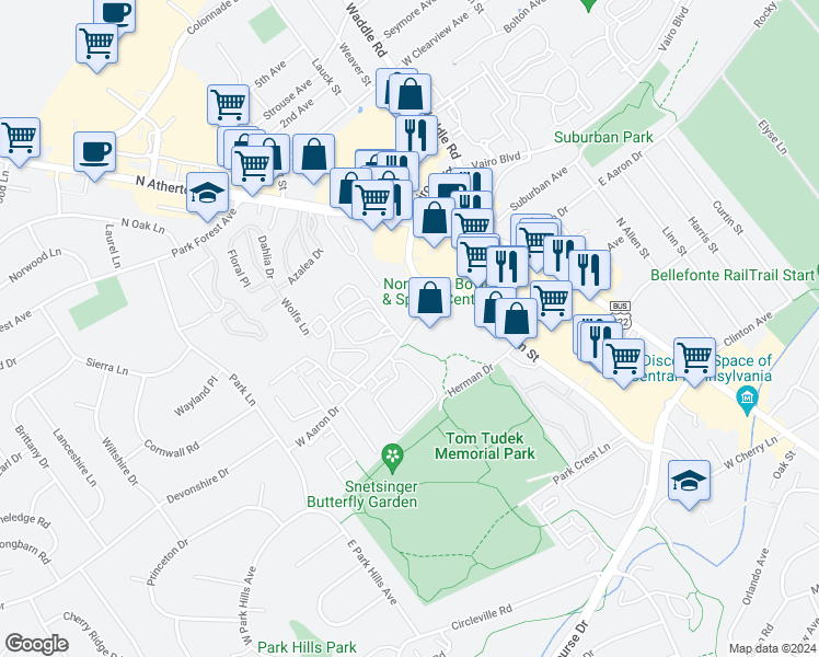 map of restaurants, bars, coffee shops, grocery stores, and more near 434 West Aaron Drive in State College