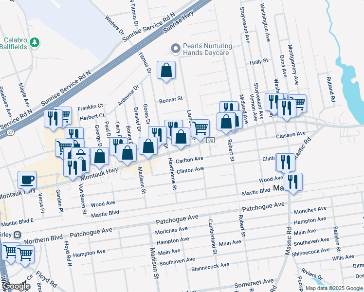 map of restaurants, bars, coffee shops, grocery stores, and more near 1280 Montauk Highway in Mastic