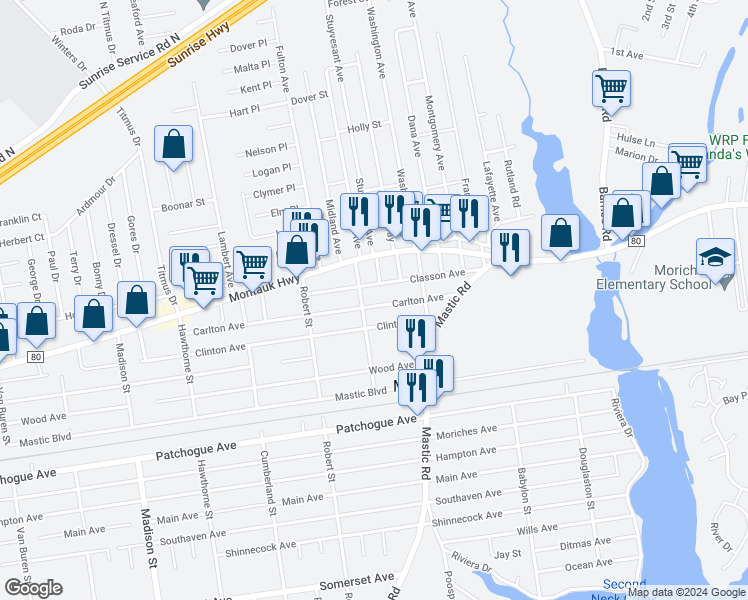 map of restaurants, bars, coffee shops, grocery stores, and more near 63 Carlton Avenue in Mastic