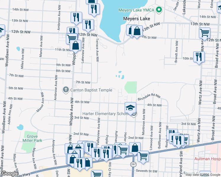 map of restaurants, bars, coffee shops, grocery stores, and more near 520 Poplar Avenue Northwest in Canton