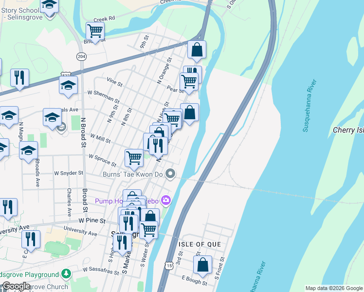 map of restaurants, bars, coffee shops, grocery stores, and more near 21 Penns Landing in Selinsgrove