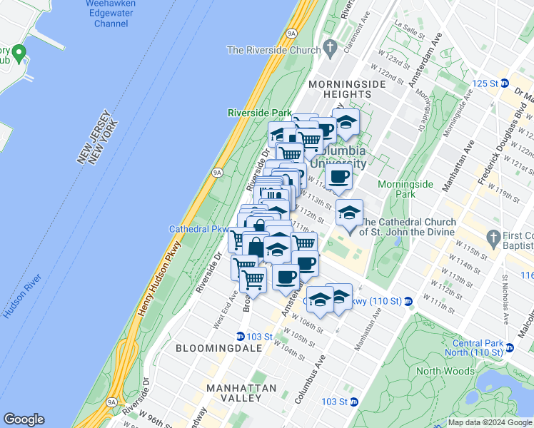 map of restaurants, bars, coffee shops, grocery stores, and more near 2845 Broadway in New York