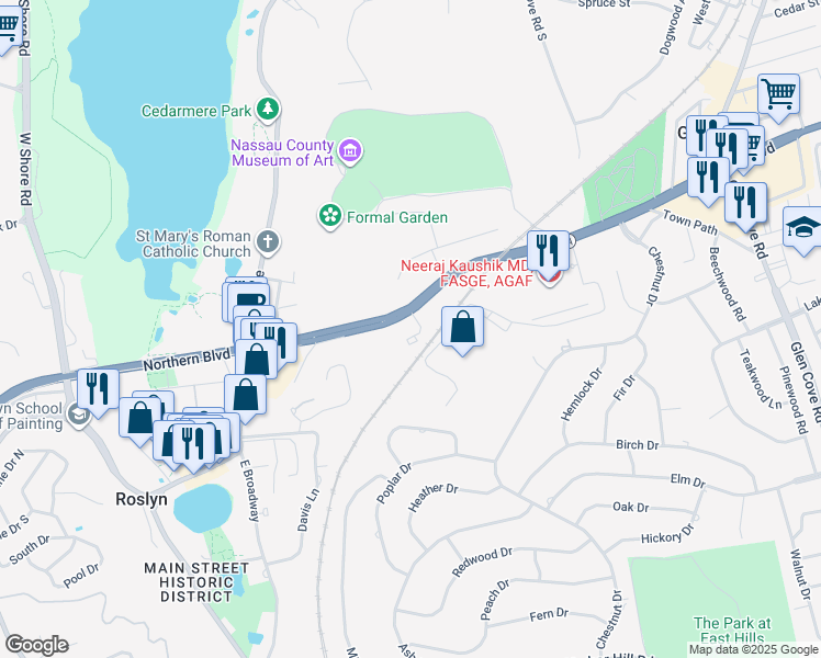 map of restaurants, bars, coffee shops, grocery stores, and more near 1750 Northern Boulevard in Roslyn