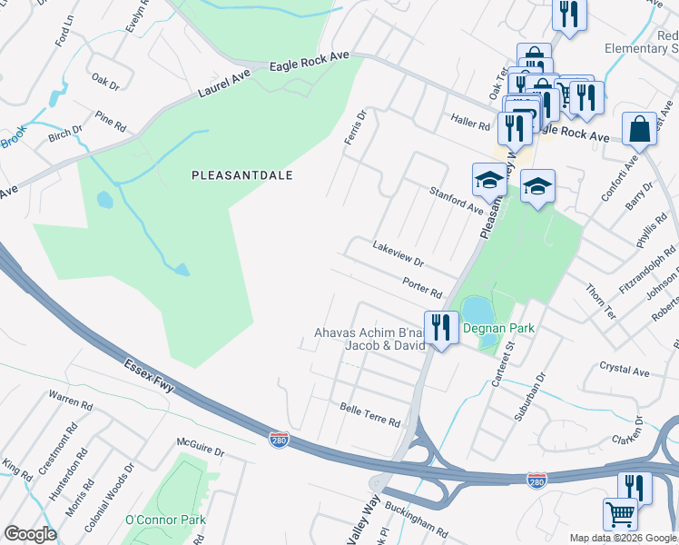 map of restaurants, bars, coffee shops, grocery stores, and more near 35 Cleveland Terrace in West Orange