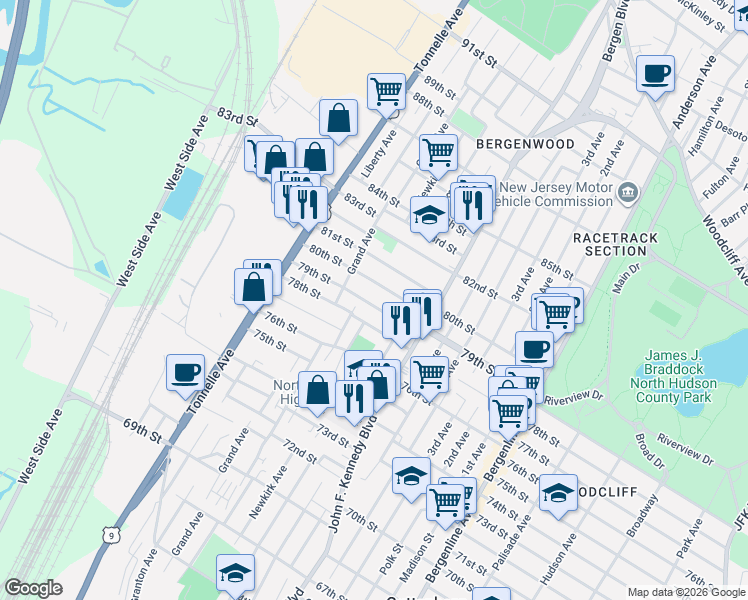 map of restaurants, bars, coffee shops, grocery stores, and more near 1218 79th Street in North Bergen