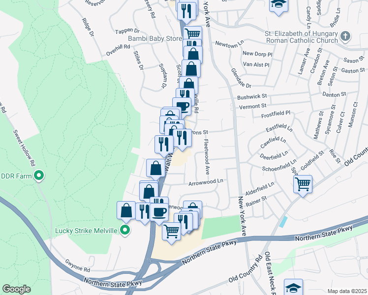 map of restaurants, bars, coffee shops, grocery stores, and more near 60 Amityville Road in Melville