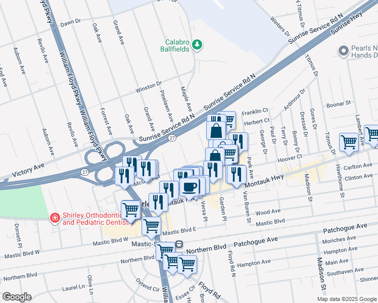 map of restaurants, bars, coffee shops, grocery stores, and more near 2 Pinelawn Avenue in Shirley