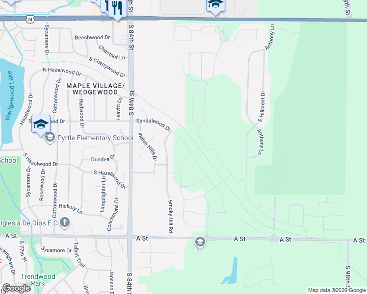 map of restaurants, bars, coffee shops, grocery stores, and more near 808 Smoky Hill Road in Lincoln