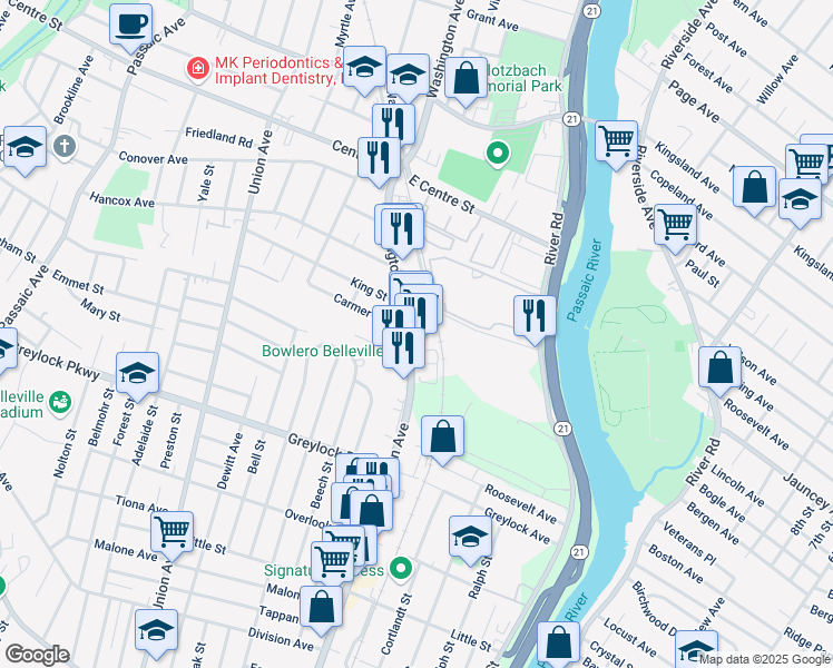 map of restaurants, bars, coffee shops, grocery stores, and more near 726 Washington Avenue in Belleville