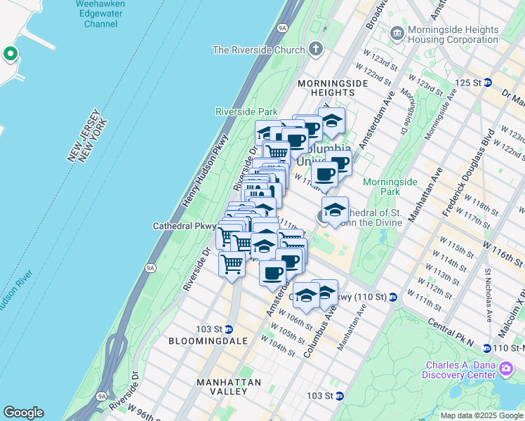 map of restaurants, bars, coffee shops, grocery stores, and more near Broadway & W 111th St in New York