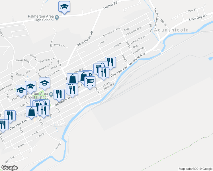 map of restaurants, bars, coffee shops, grocery stores, and more near 627 Lehigh Avenue in Palmerton