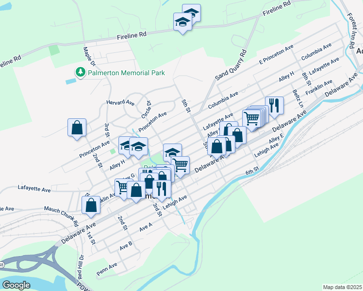 map of restaurants, bars, coffee shops, grocery stores, and more near 438 Lafayette Avenue in Palmerton