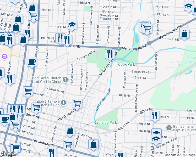 map of restaurants, bars, coffee shops, grocery stores, and more near 937 The O'Jays Parkway Northeast in Canton