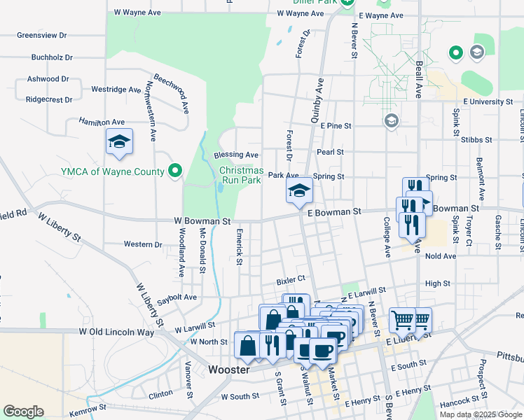 map of restaurants, bars, coffee shops, grocery stores, and more near 629 North Grant Street in Wooster