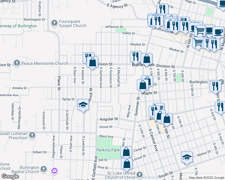 map of restaurants, bars, coffee shops, grocery stores, and more near 502 South Gunnison Street in Burlington