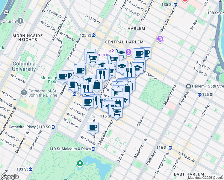 map of restaurants, bars, coffee shops, grocery stores, and more near 136 West 119th Street in New York