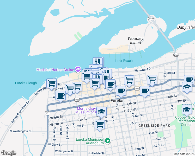 map of restaurants, bars, coffee shops, grocery stores, and more near 108 F Street in Eureka