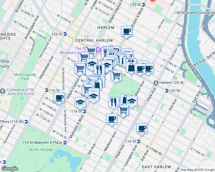 map of restaurants, bars, coffee shops, grocery stores, and more near 7 West 121st Street in New York