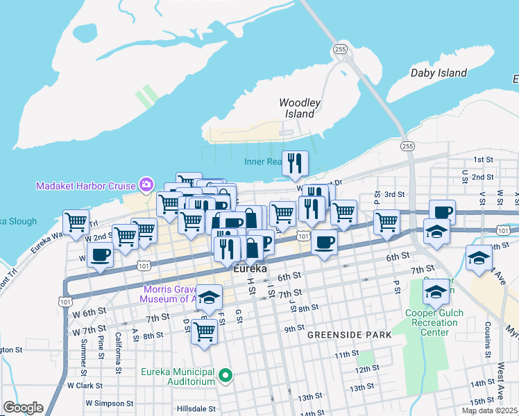 map of restaurants, bars, coffee shops, grocery stores, and more near 298 J Street in Eureka