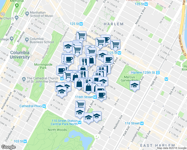 map of restaurants, bars, coffee shops, grocery stores, and more near 136 West 119th Street in New York
