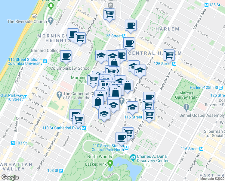 map of restaurants, bars, coffee shops, grocery stores, and more near 251 West 116th Street in New York