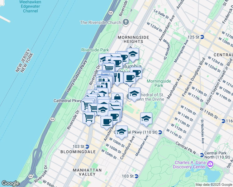 map of restaurants, bars, coffee shops, grocery stores, and more near 535 West 111th Street in New York