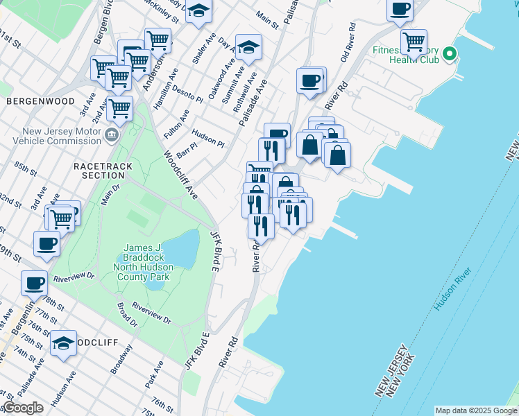 map of restaurants, bars, coffee shops, grocery stores, and more near 8905 River Road in North Bergen