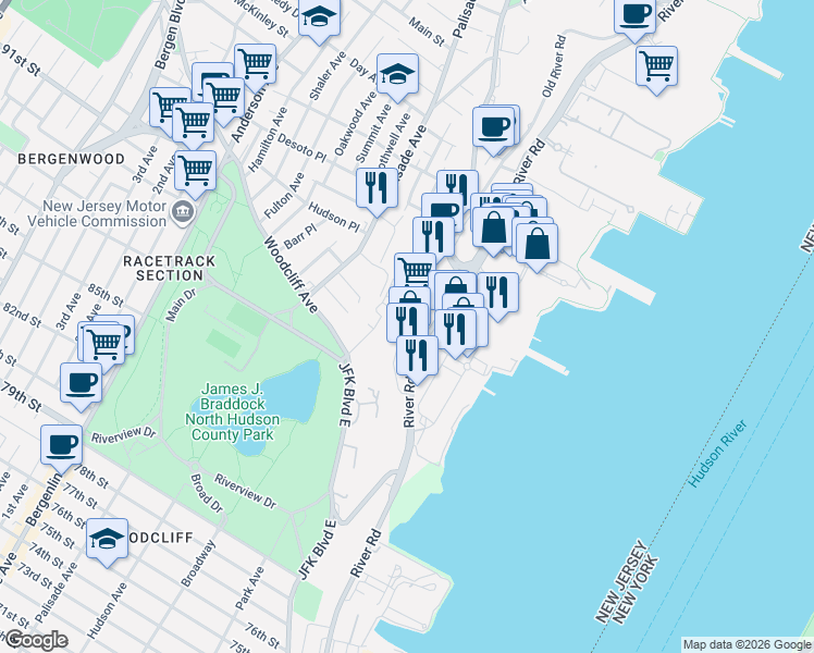 map of restaurants, bars, coffee shops, grocery stores, and more near 8905 River Road in North Bergen
