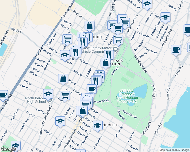 map of restaurants, bars, coffee shops, grocery stores, and more near 8214 1st Avenue in North Bergen
