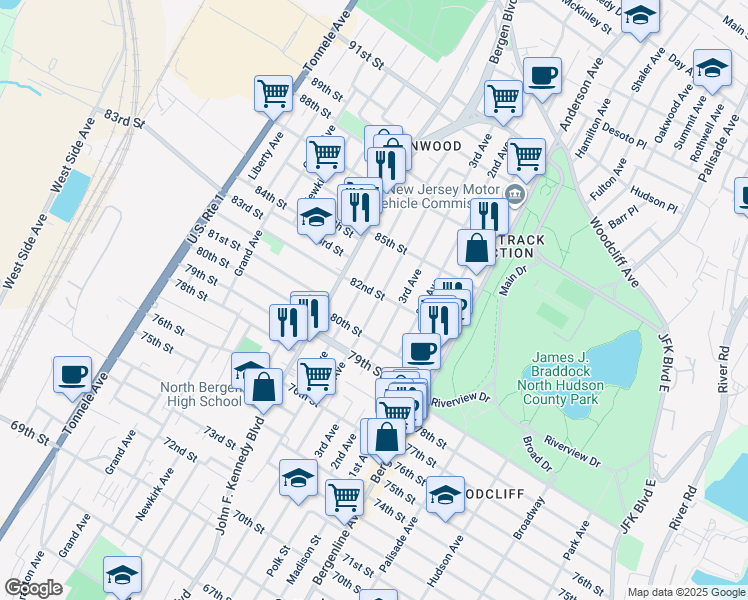 map of restaurants, bars, coffee shops, grocery stores, and more near 8104 4th Avenue in North Bergen